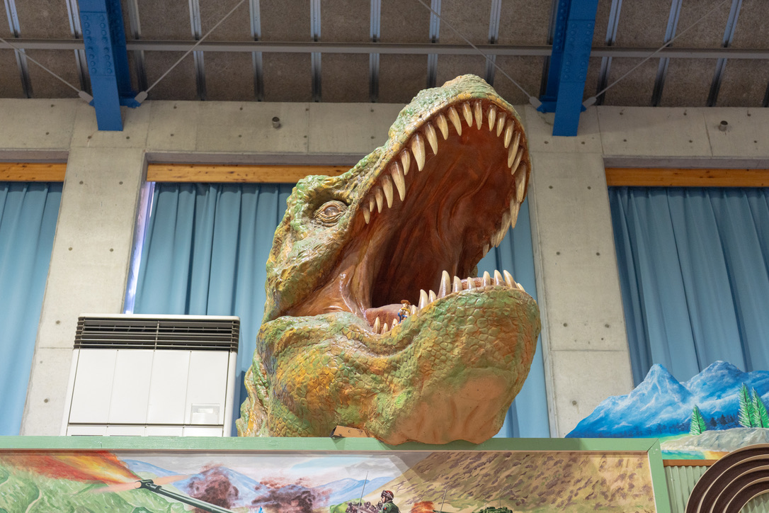 Giant T-Rex head sculpture display at Kaiyodo Hobby Museum Shimanto Kochi