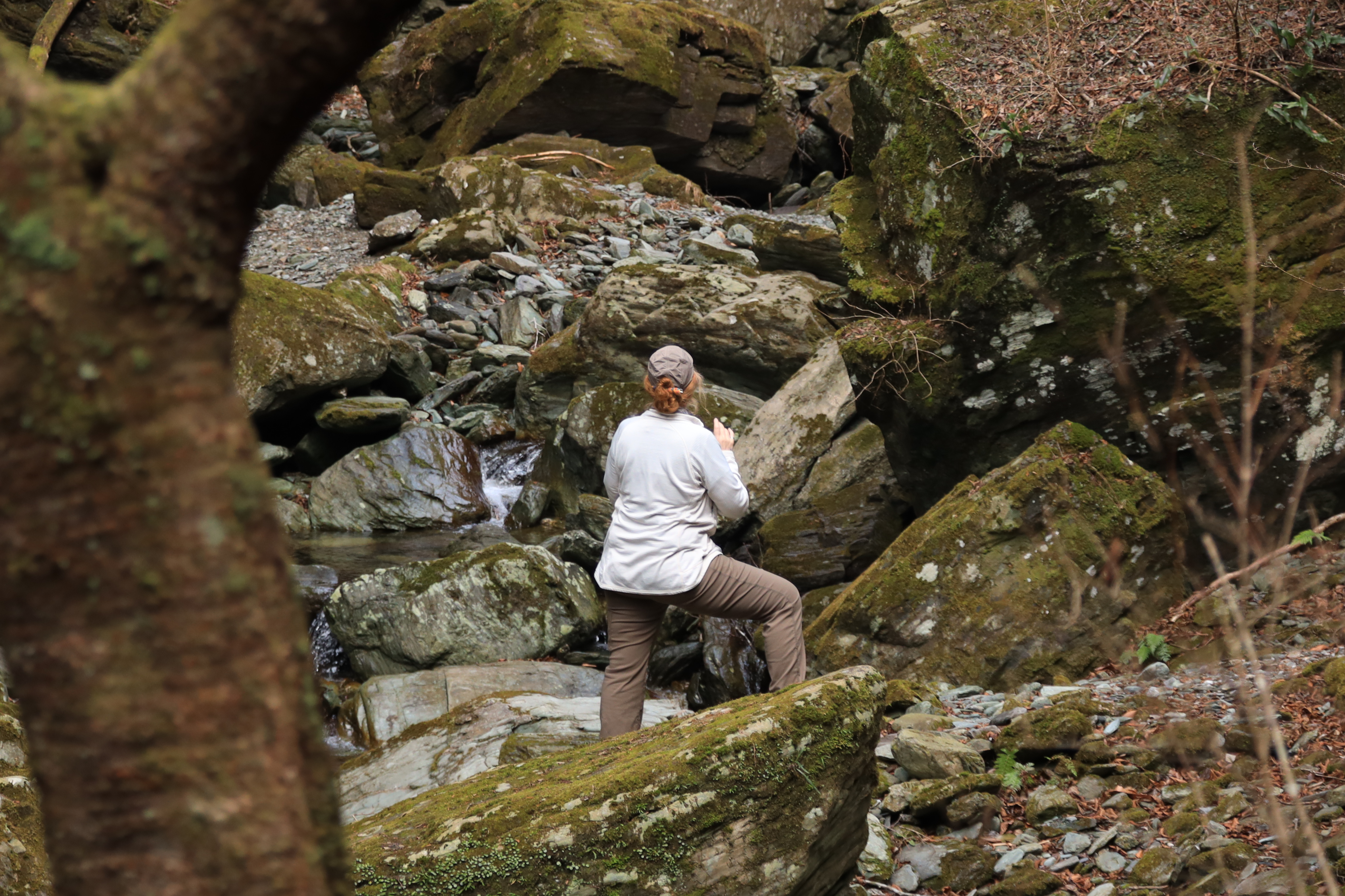 Couple standing at the entrance to the Hiryu Falls trail with information signs