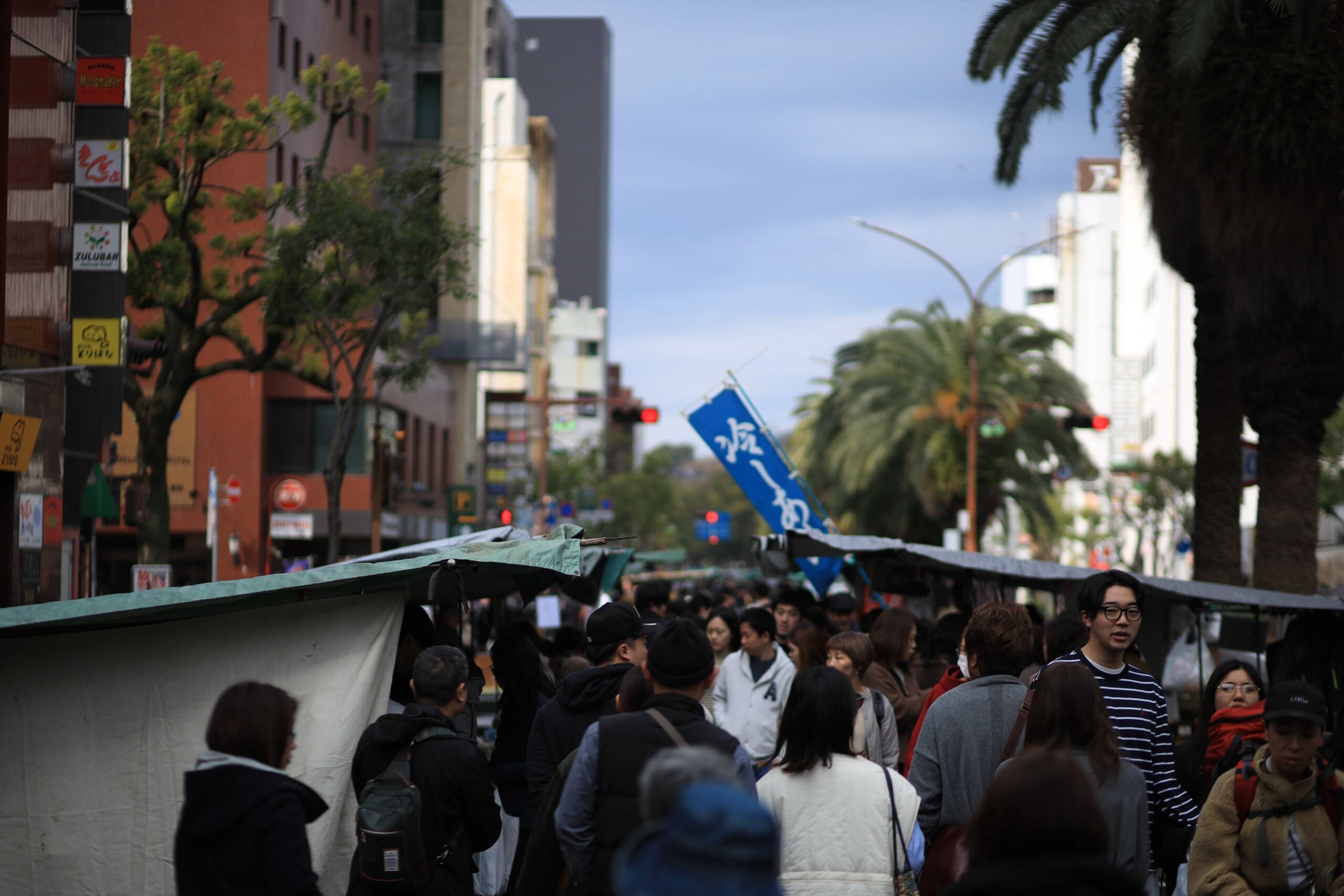 Crowds browsing stalls along Otesuji Avenue at the Kochi Sunday Market