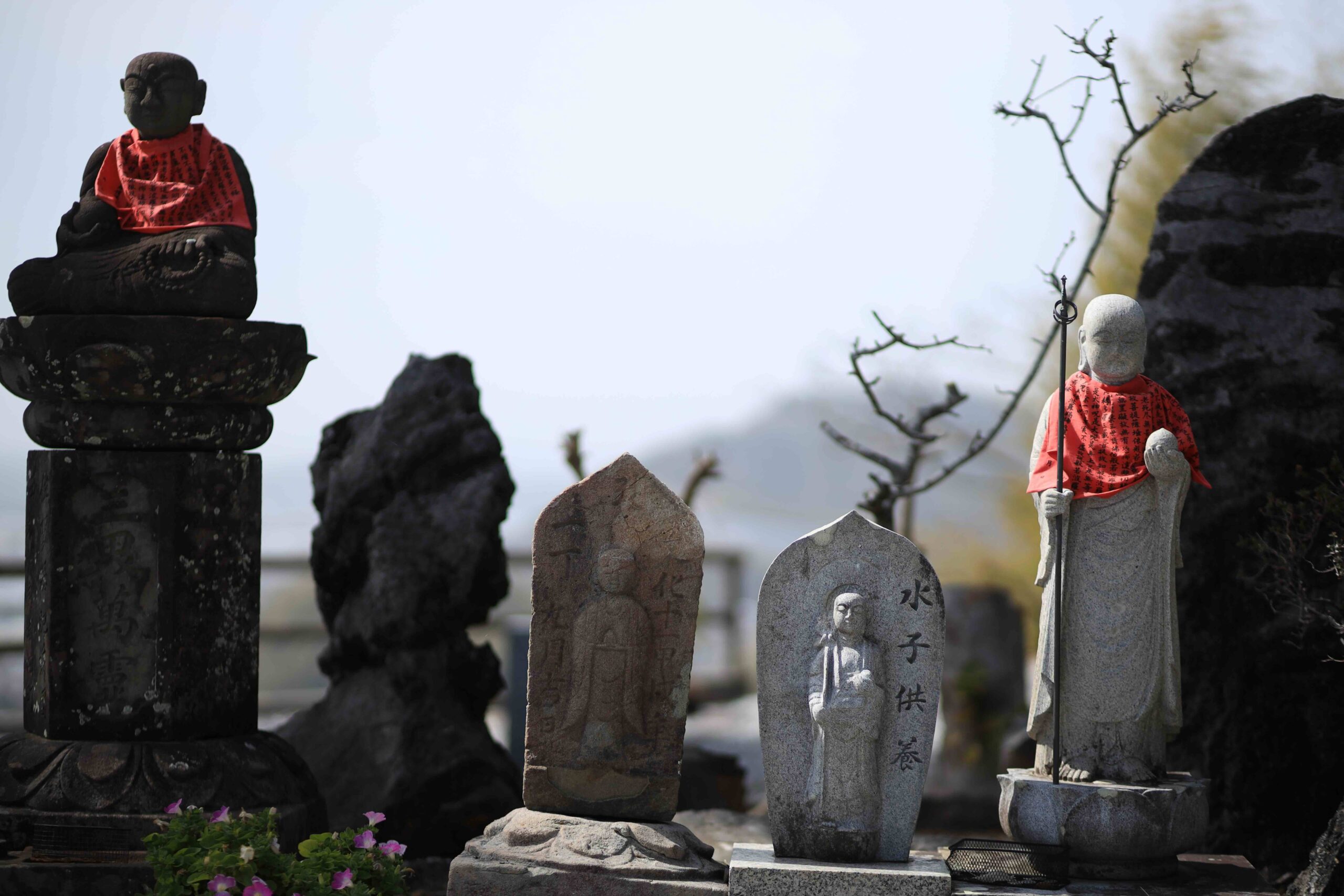 Pilgrims praying at the main hall of Zenjibuji Temple on the Shikoku Pilgrimage