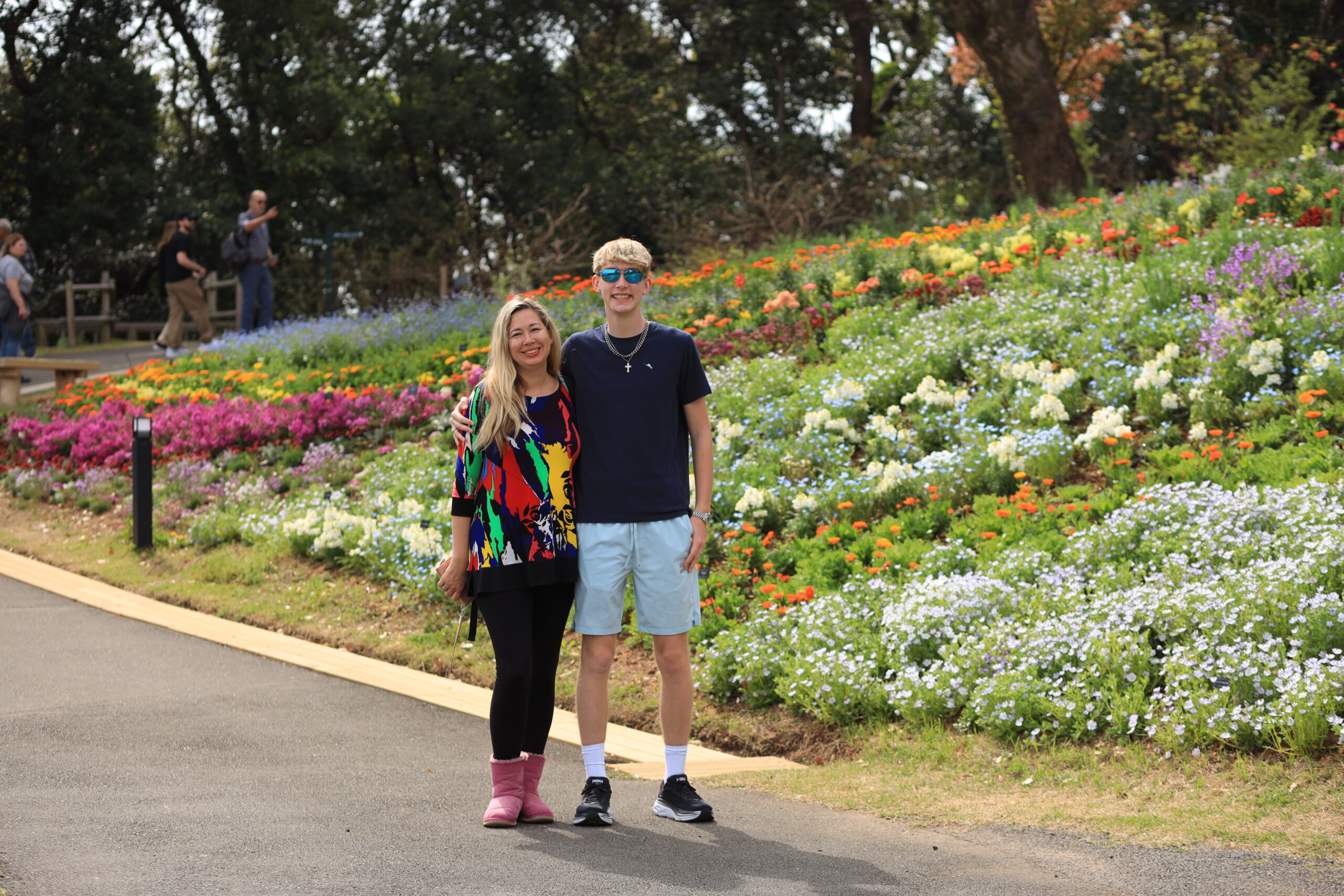 Walking through vibrant flower displays