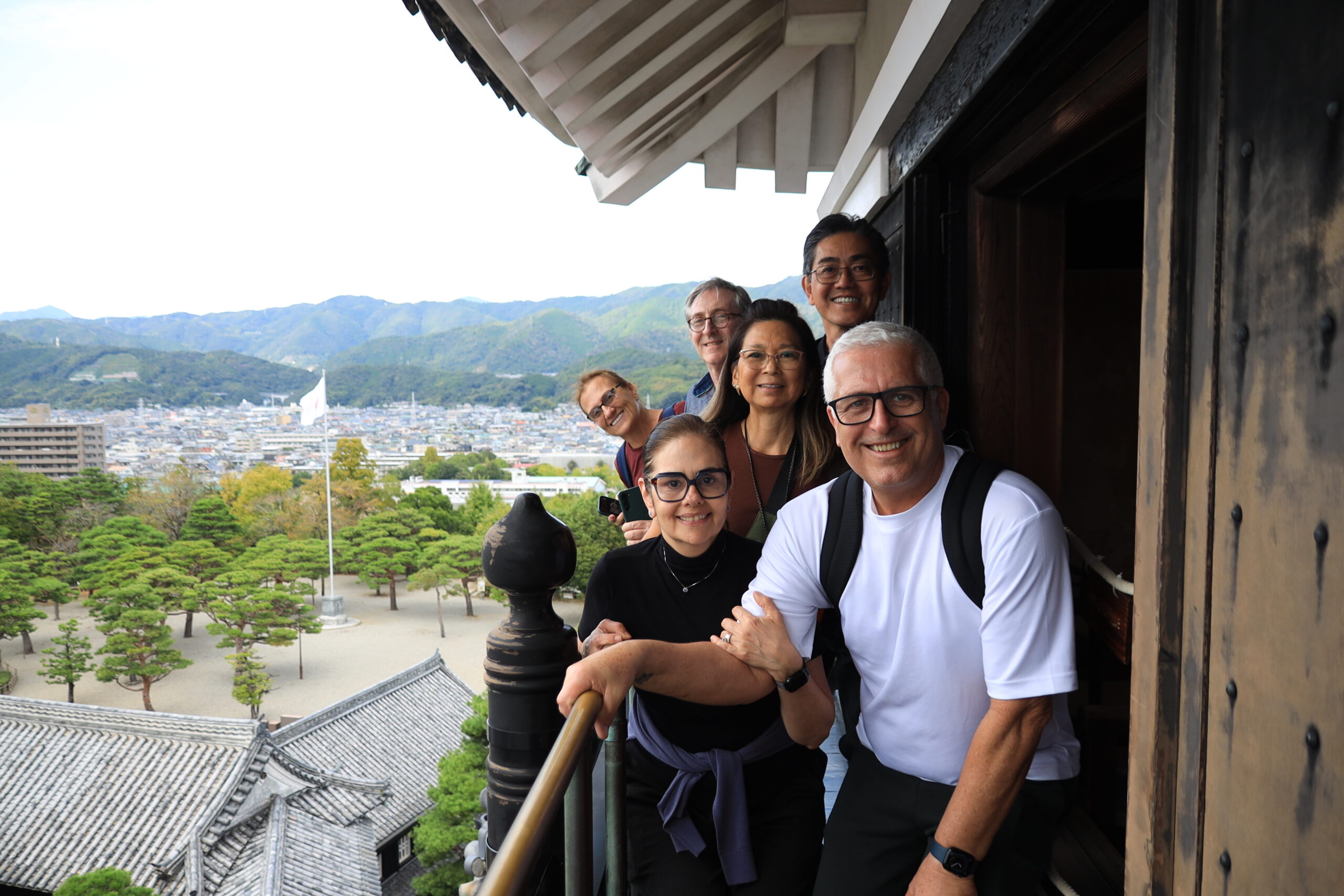 Group of friends at castle gate