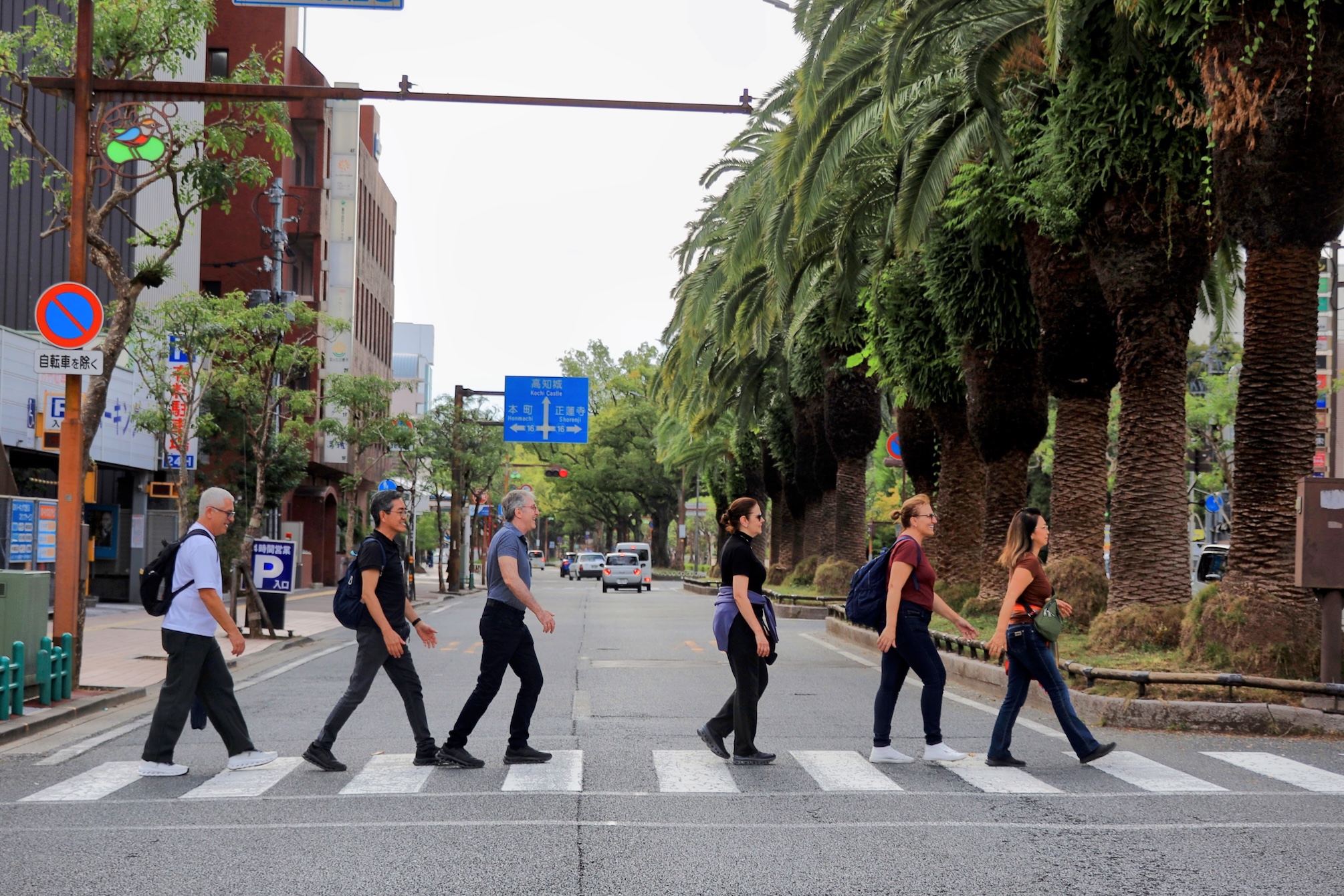 Tour group crossing Kochi street Abbey Road style