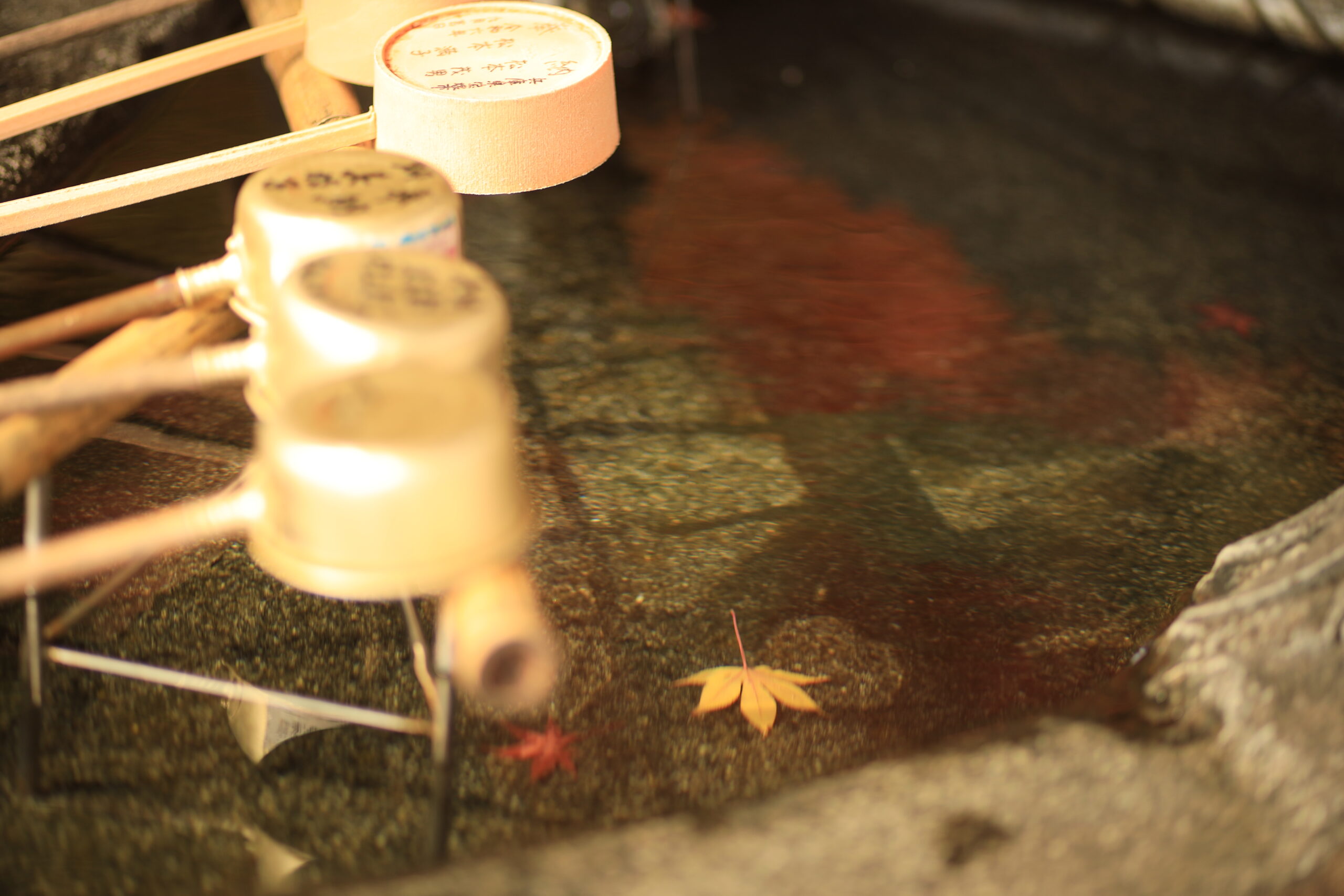 Traditional purification fountain with bamboo ladles and autumn leaves at Chikurinji Temple