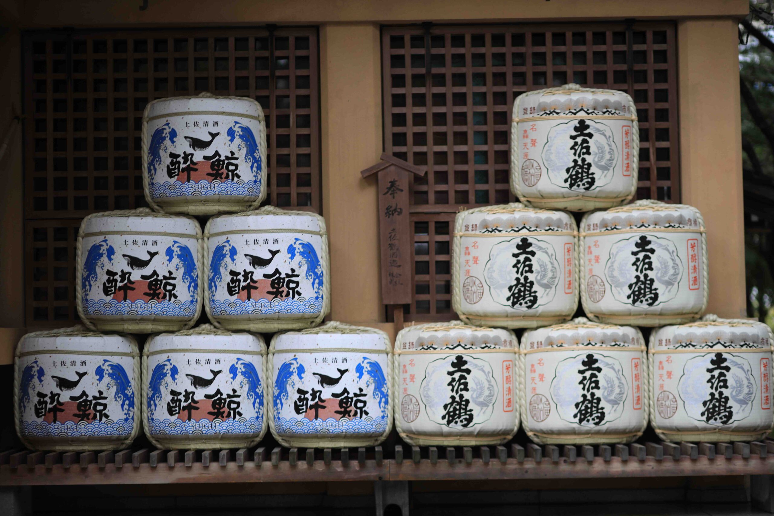 Sake barrels from Tosatsuru and Yoikujira breweries displayed as offerings at Yamauchi Shrine