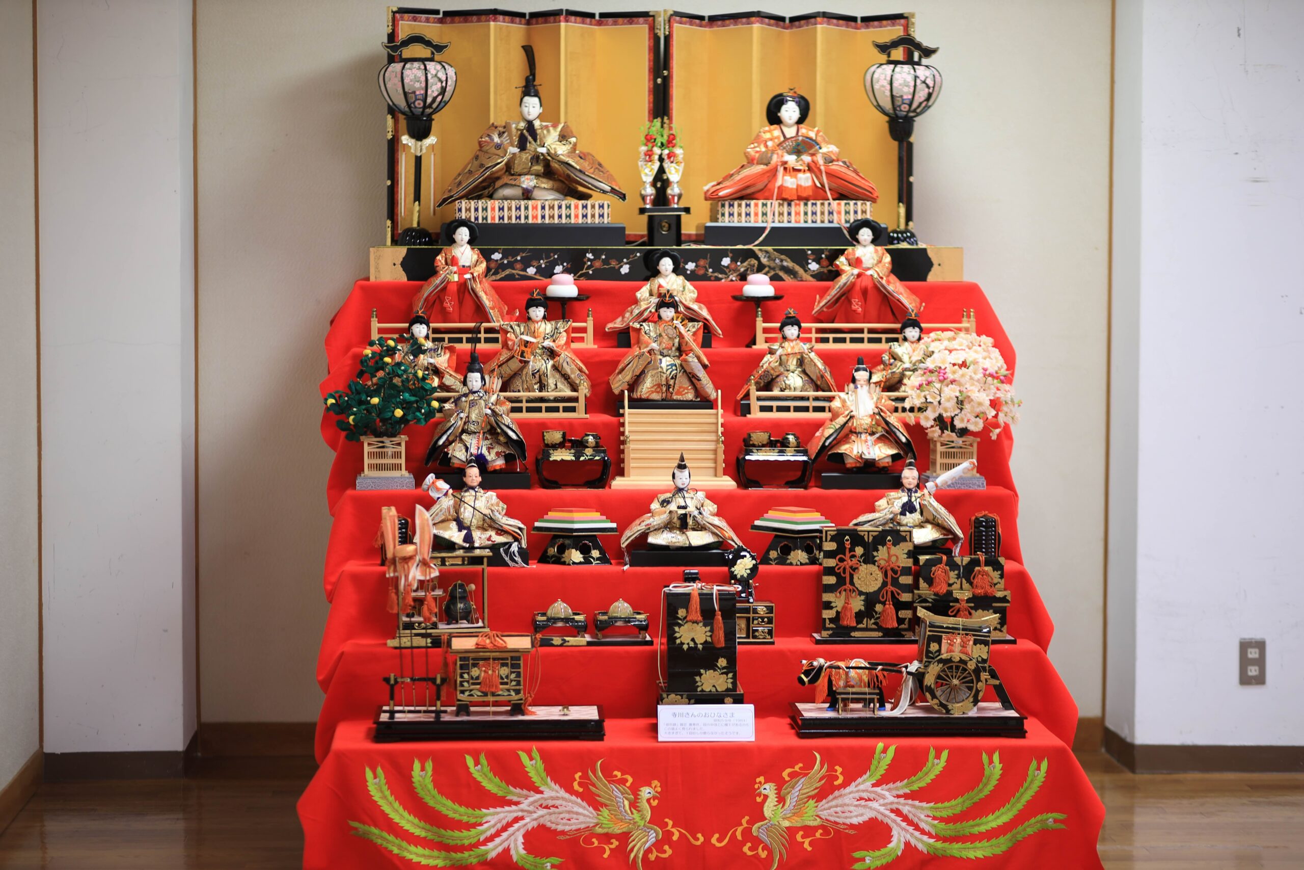 Full seven-tier Hina doll display with all court figures and accessories