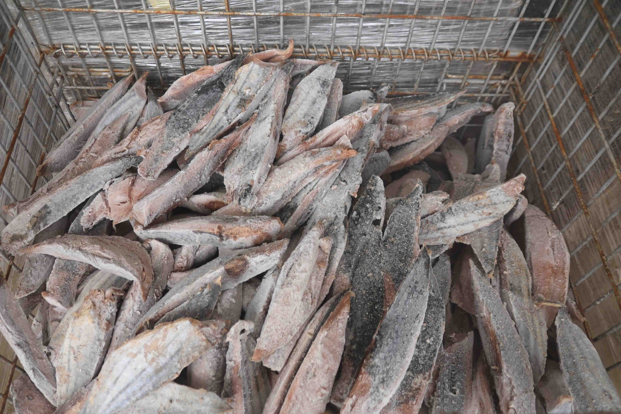 Smoked bonito pieces in wire cage at Hamayoshiya