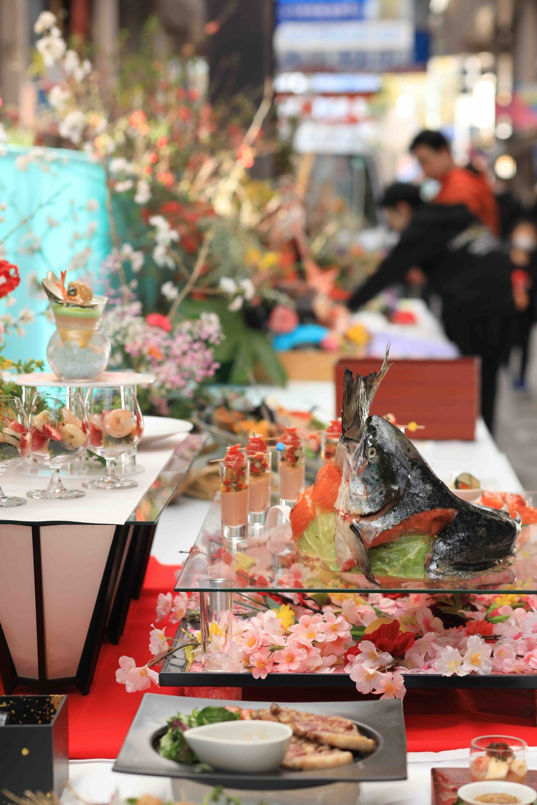 Row of elaborate sawachi ryori displays along the street at the Sawachi Matsuri
