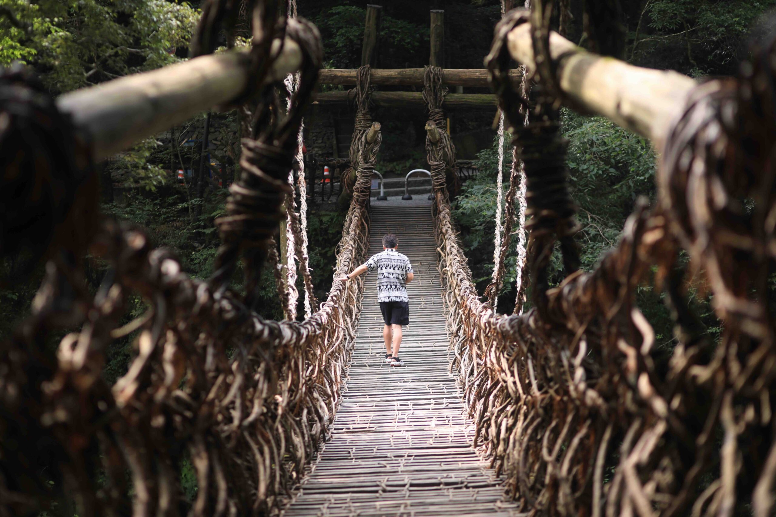 Visitors carefully crossing the vine bridge above the Iya River